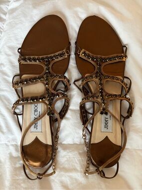 Jimmy Choo Bronze Metallic Jeweled Strappy Flat Sandals